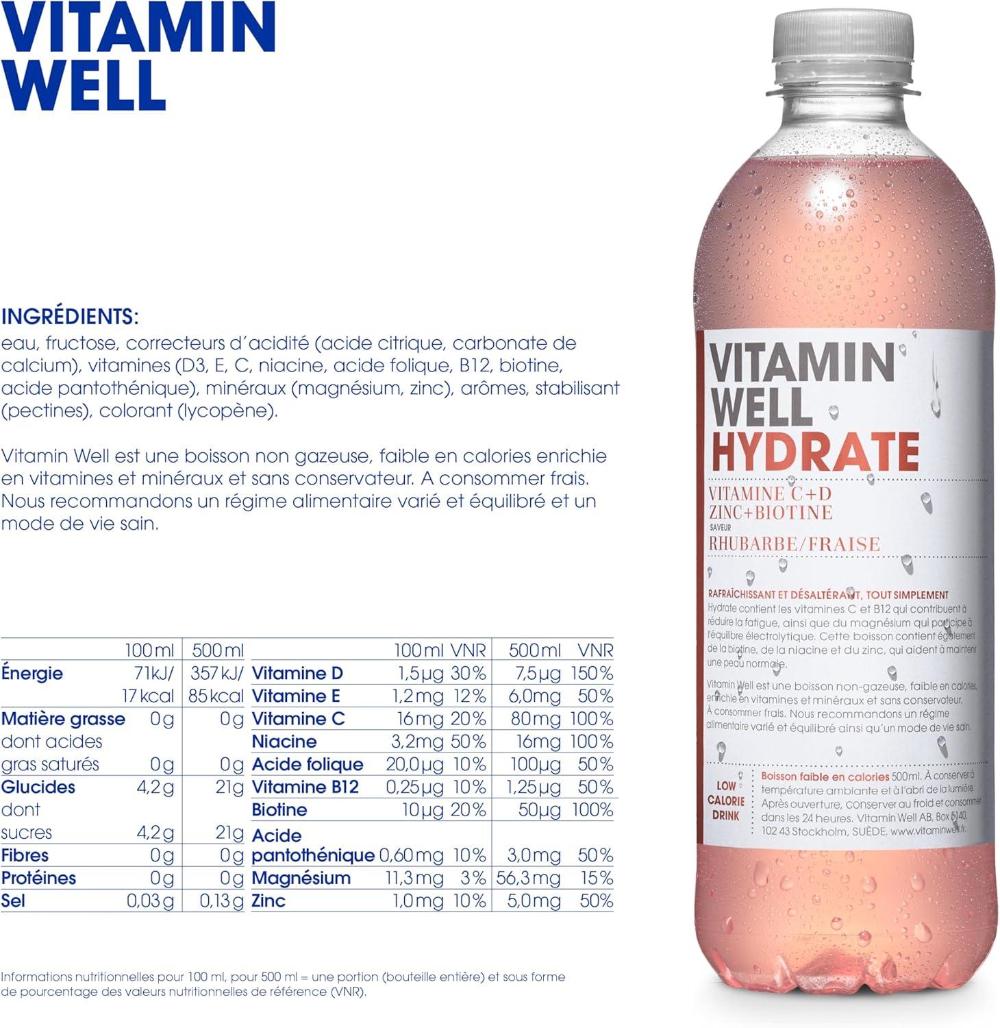 image:imageVitamin Well Boissons enrichies en vitamines et en minraux got pche 12x500ml Antioxidantrhubarbe et fraise
