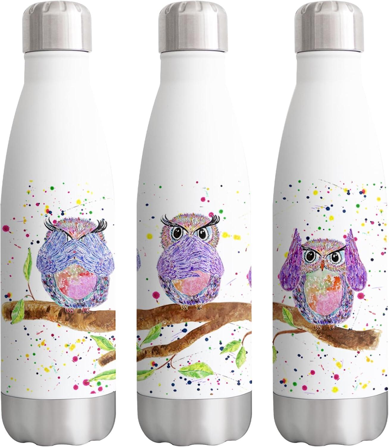 image:imageVixar Bouteille de hiboux hibou voir entendre parler aucun mal oiseaux animaux aquarelle bouteille isole double paroi boissons sportives en acier inoxydable 500ml
