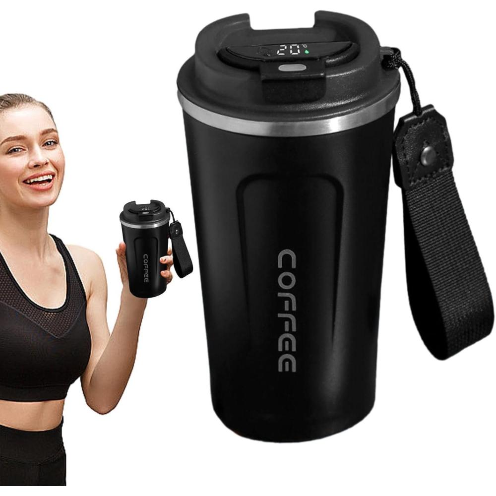 image:imageTasse caf de voyage Tasse isotherme avec affichage numrique de la temprature Conteneurs de boissons sportives Bouteille deau de temprature pour eau th caf et jusNoir