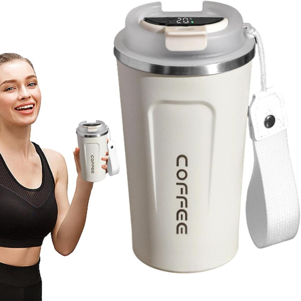 image:imageTasse caf de voyage Tasse isotherme avec affichage numrique de la temprature Conteneurs de boissons sportives Bouteille deau de temprature pour eau th caf et jusBlanc
