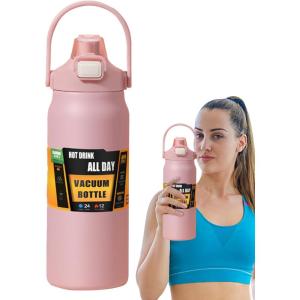 Bouteilles Isothermes,1500ml Tasse Isotherme Étanche avec Paille | Bouteille d&rsquo;Eau Sportive – Pour Femmes Hommes École Sports Maison Voyage Café Boissons(Rose)