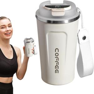 Tasse à café de voyage – Tasse isotherme avec affichage numérique de la température | Conteneurs de boissons sportives | Bouteille d&rsquo;eau de température pour eau, thé, café et jus(Blanc)