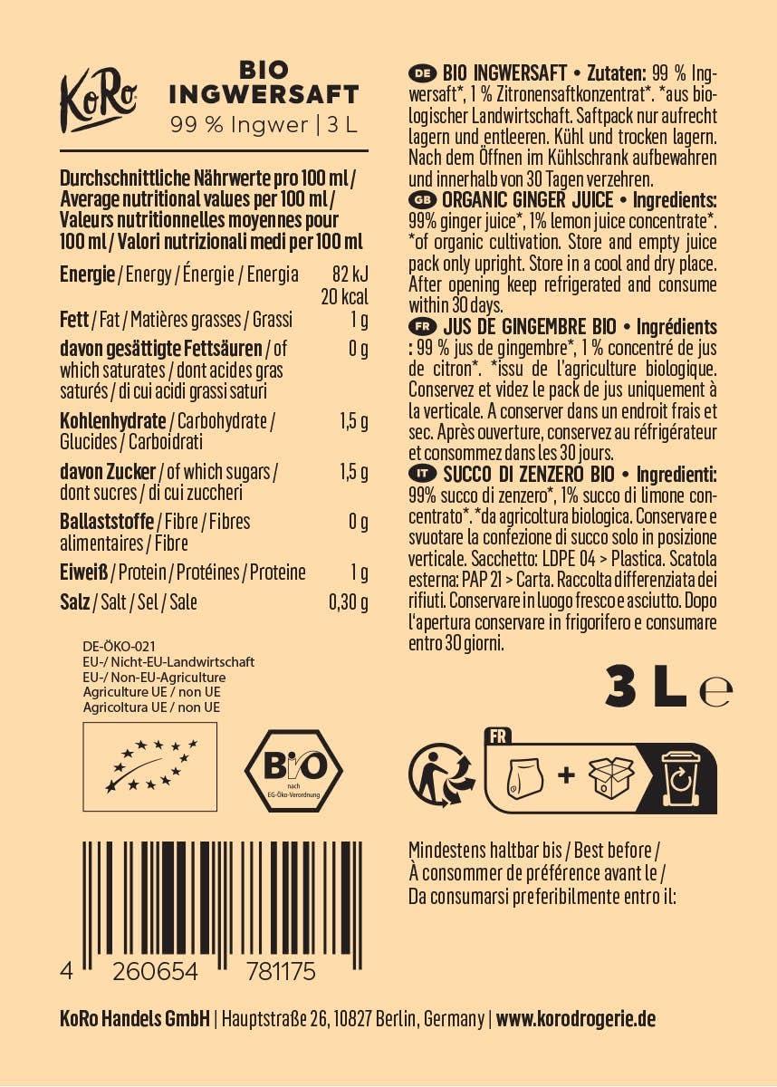 image:imageKoRo Pur Jus de Gingembre Bio et Organique BaginBox 3 L Sans Sucre Ajout Sans Colorant ni Conservateur Riche en vitamine CGingembre bio
