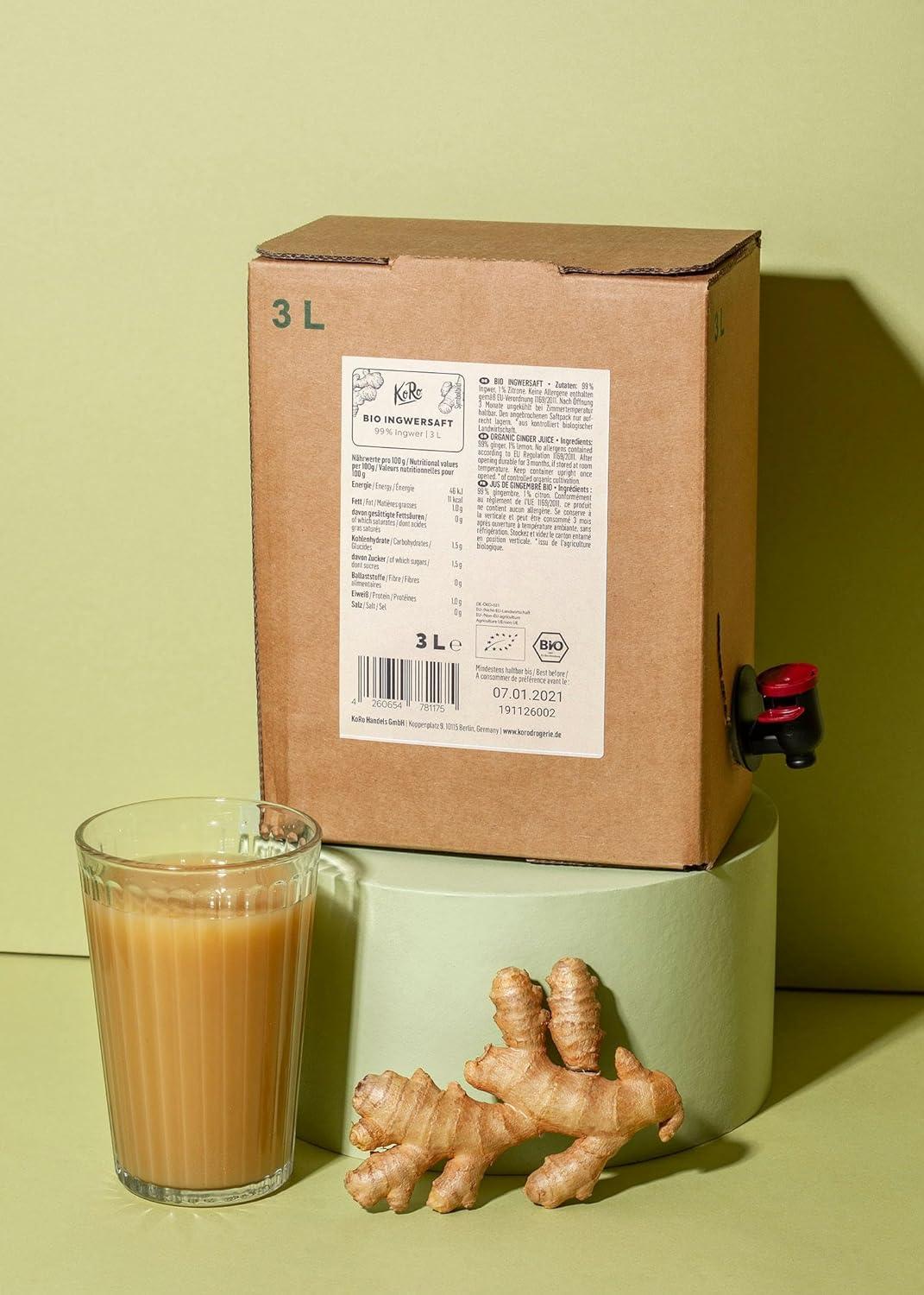 image:imageKoRo Pur Jus de Gingembre Bio et Organique BaginBox 3 L Sans Sucre Ajout Sans Colorant ni Conservateur Riche en vitamine CGingembre bio