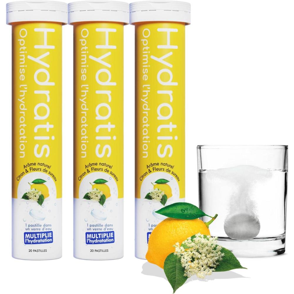 image:imageHYDRATIS Pastilles Hydratation Electrolytes CitronFleur de Sureau Amliore lHydratation et Favorise lnergie Formule Isotonique Sport Rcupration Bientre 1 mini tube10 Pastilles3 TUBES
