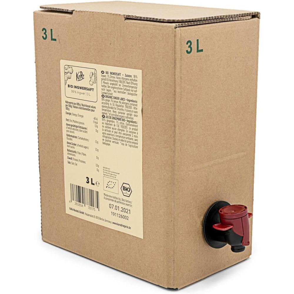image:imageKoRo Pur Jus de Gingembre Bio et Organique BaginBox 3 L Sans Sucre Ajout Sans Colorant ni Conservateur Riche en vitamine CGingembre bio