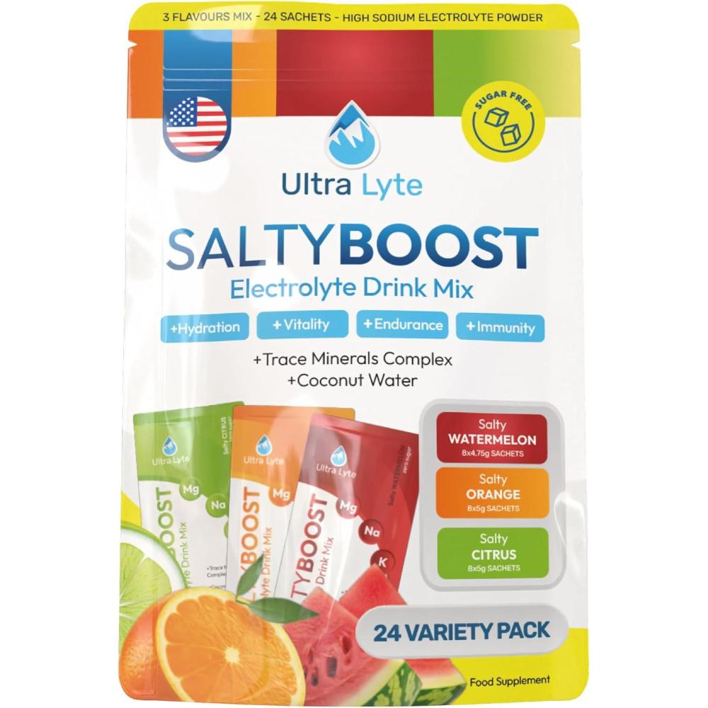image:imageUltra Lyte Electrolytes  Mlange  boisson  Poudre varie sans sucre  24 sachets  haute teneur en sodium oligominraux et eau de noix de coco  Hydratation pour lendurance la rgnration et