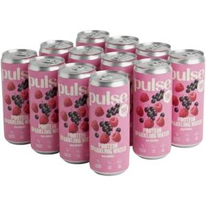 Pulse Protein – Pack de 12 Eaux Pétillantes Protéinées Fruits Rouges 330 ml – Faible en sucre – Sans conservateurs – Sans arômes artificiels – 10 g de protéines par canette – Vegan & rafraîchissant(Fruits rouges)