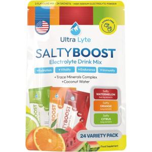 Ultra Lyte Electrolytes – Mélange à boisson – Poudre variée sans sucre – 24 sachets à haute teneur en sodium, oligo-minéraux et eau de noix de coco – Hydratation pour l&rsquo;endurance, la régénération et