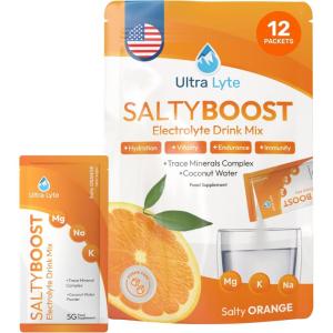 Ultra Lyte Electrolytes Lot de 12 sachets de mélange à boisson – Poudre d&rsquo;électrolytes sans sucre à haute teneur en sodium, oligo-minéraux et eau de noix de coco – Réhydratation pour le fitness (12
