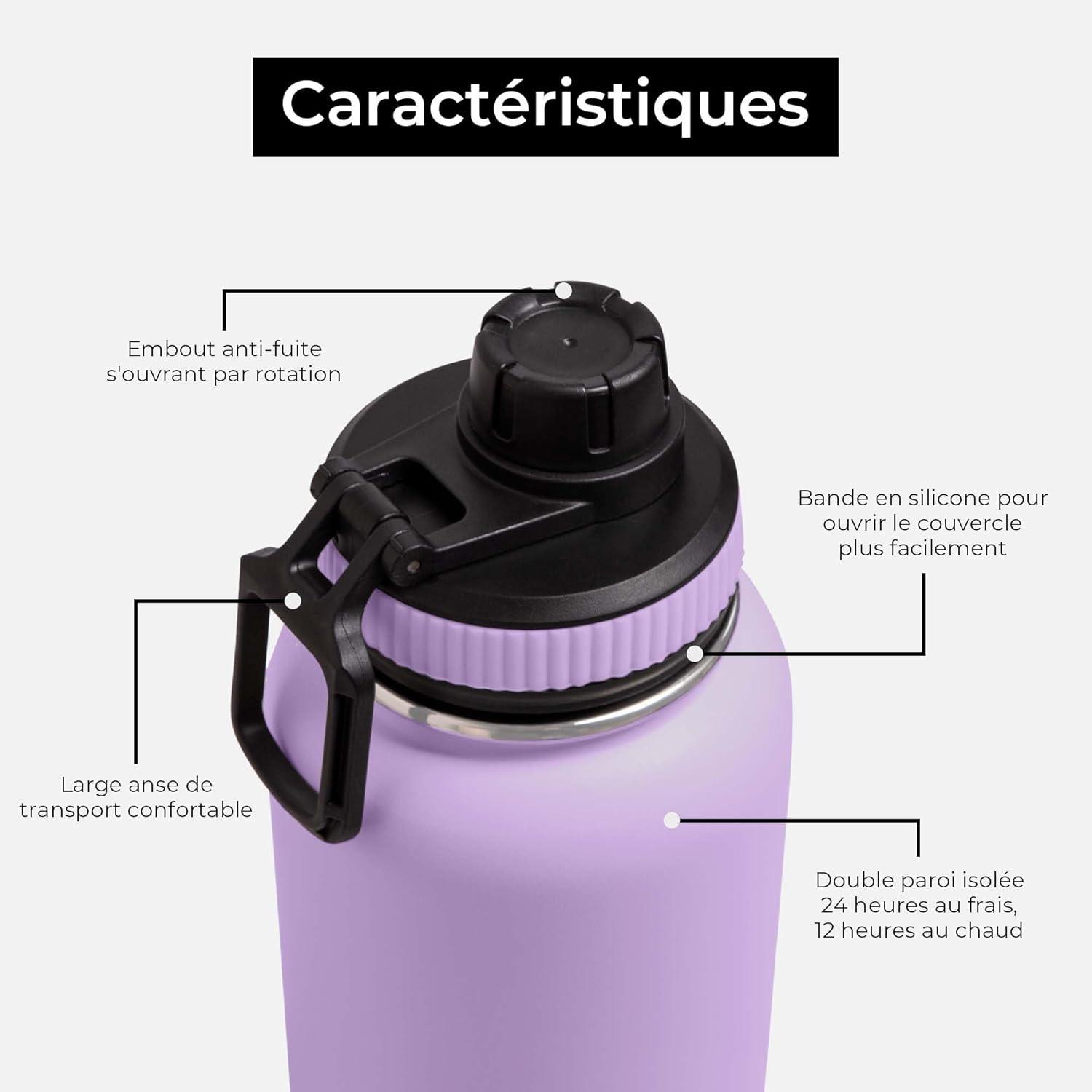 image:imageBOZ Gourde Isotherme En Acier Inoxydable 1L Sans BPA Isolation Sous Vide Gourde Inox Avec Couvercle Anti Germe Bouteille dEau 1 Litre pour Bureau Sport Voiture Randonne Gym Bleu clairNoir Lavande