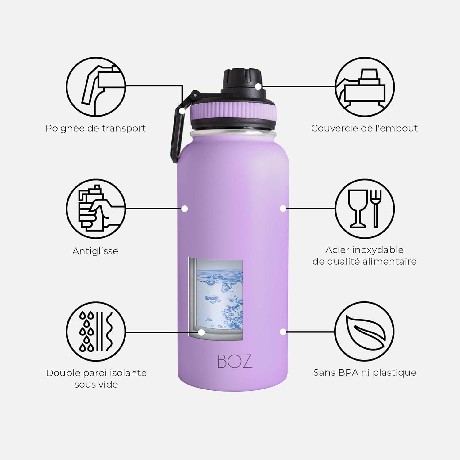 image:imageBOZ Gourde Isotherme En Acier Inoxydable 1L Sans BPA Isolation Sous Vide Gourde Inox Avec Couvercle Anti Germe Bouteille dEau 1 Litre pour Bureau Sport Voiture Randonne Gym Bleu clairNoir Lavande