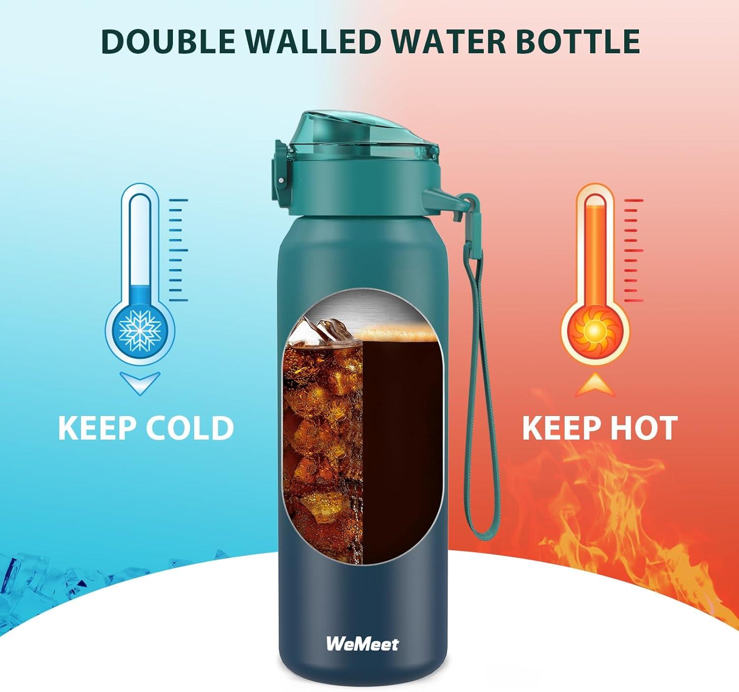 image:imageGourde Isotherme avec Paille Amovible 1L1000ml Bouteille Isotherme tanche sans BPA 1810 Gourde Inox AntiFuite pour Sport Gym VoyageBleu Bleu