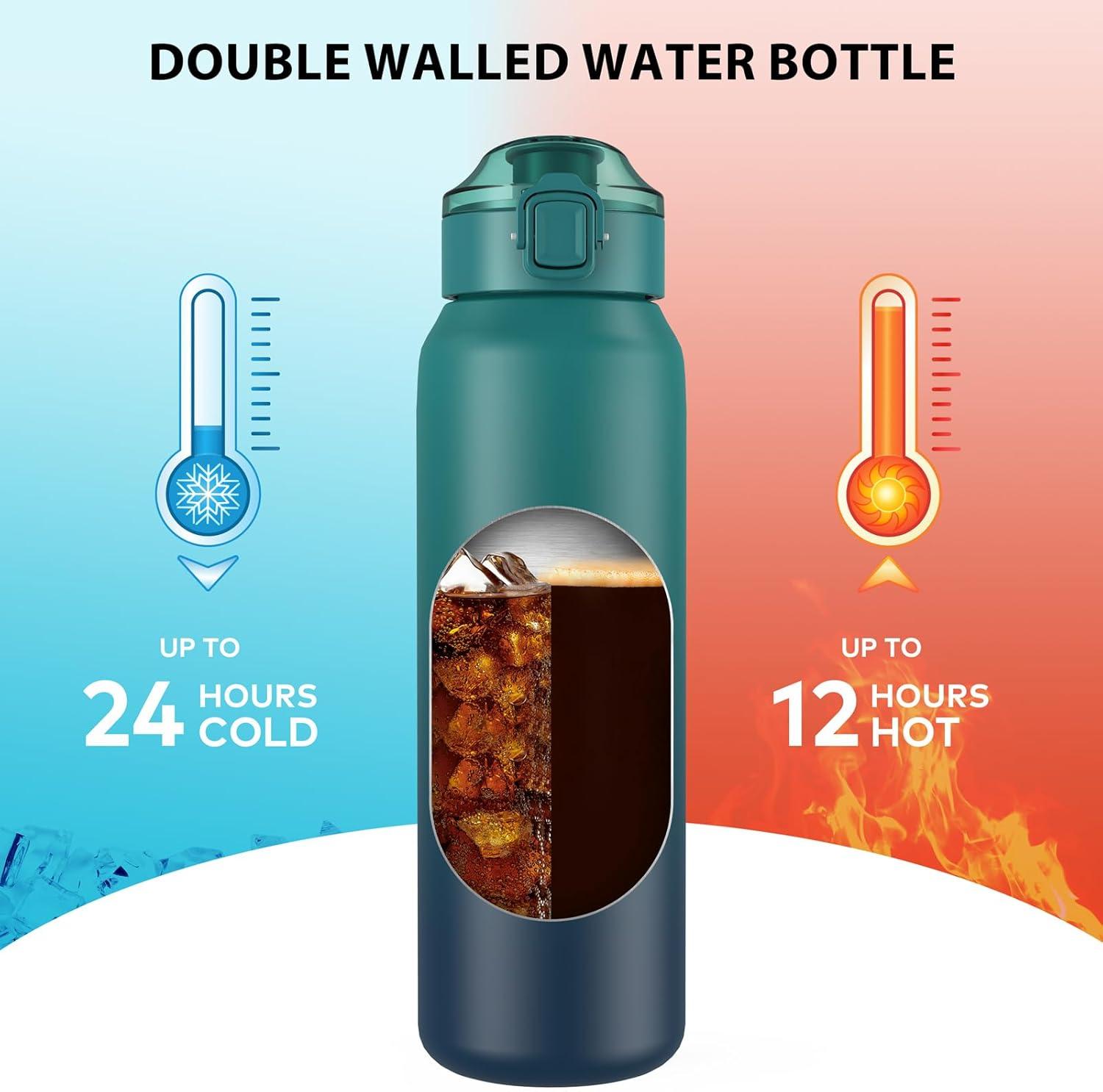 image:imageGourde Isotherme avec Paille Amovible 1L1000ml Bouteille Isotherme tanche sans BPA 1810 Gourde Inox AntiFuite pour Sport Gym VoyageBleu Bleu