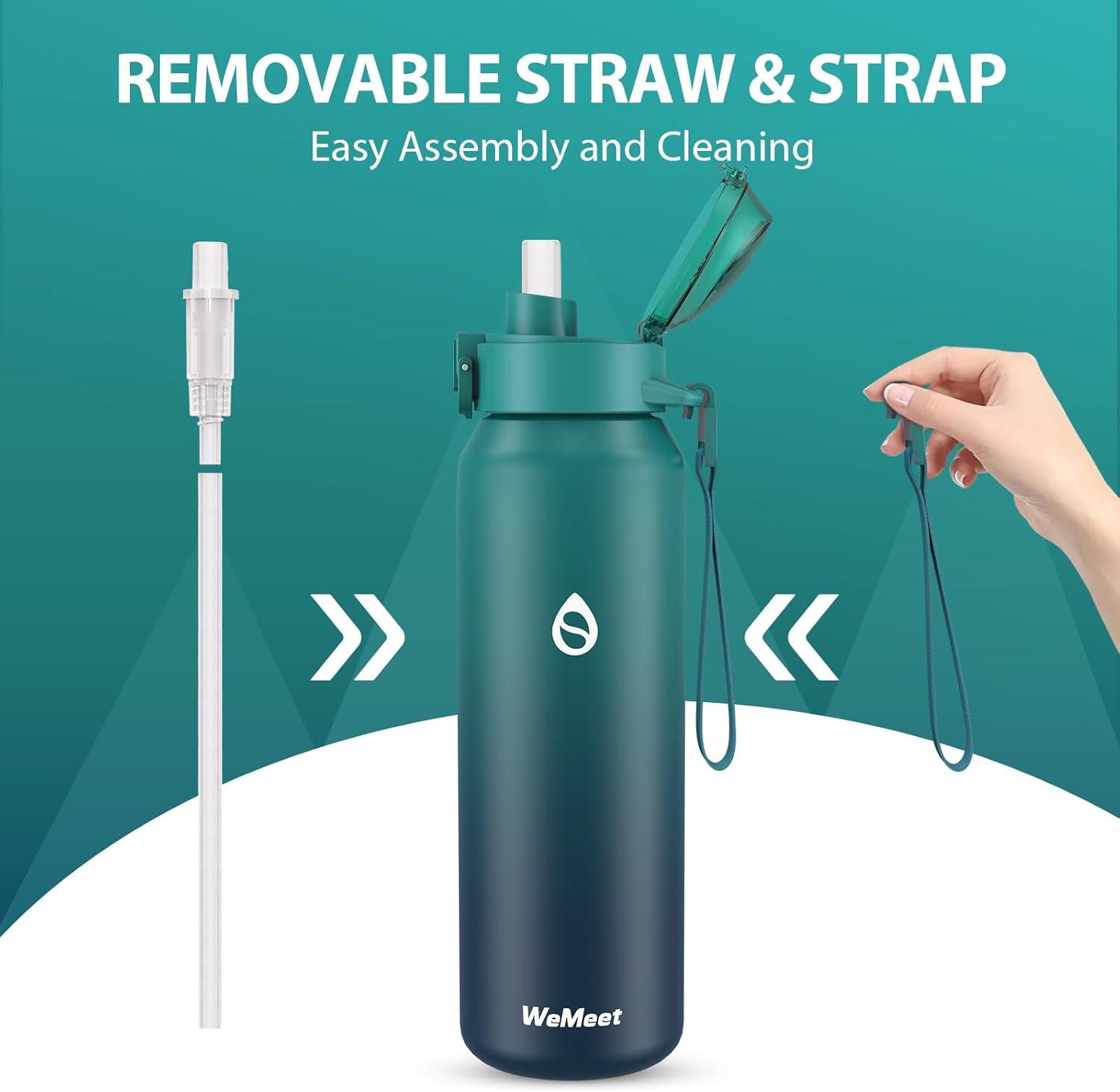 image:imageGourde Isotherme avec Paille Amovible 1L1000ml Bouteille Isotherme tanche sans BPA 1810 Gourde Inox AntiFuite pour Sport Gym VoyageBleu Bleu