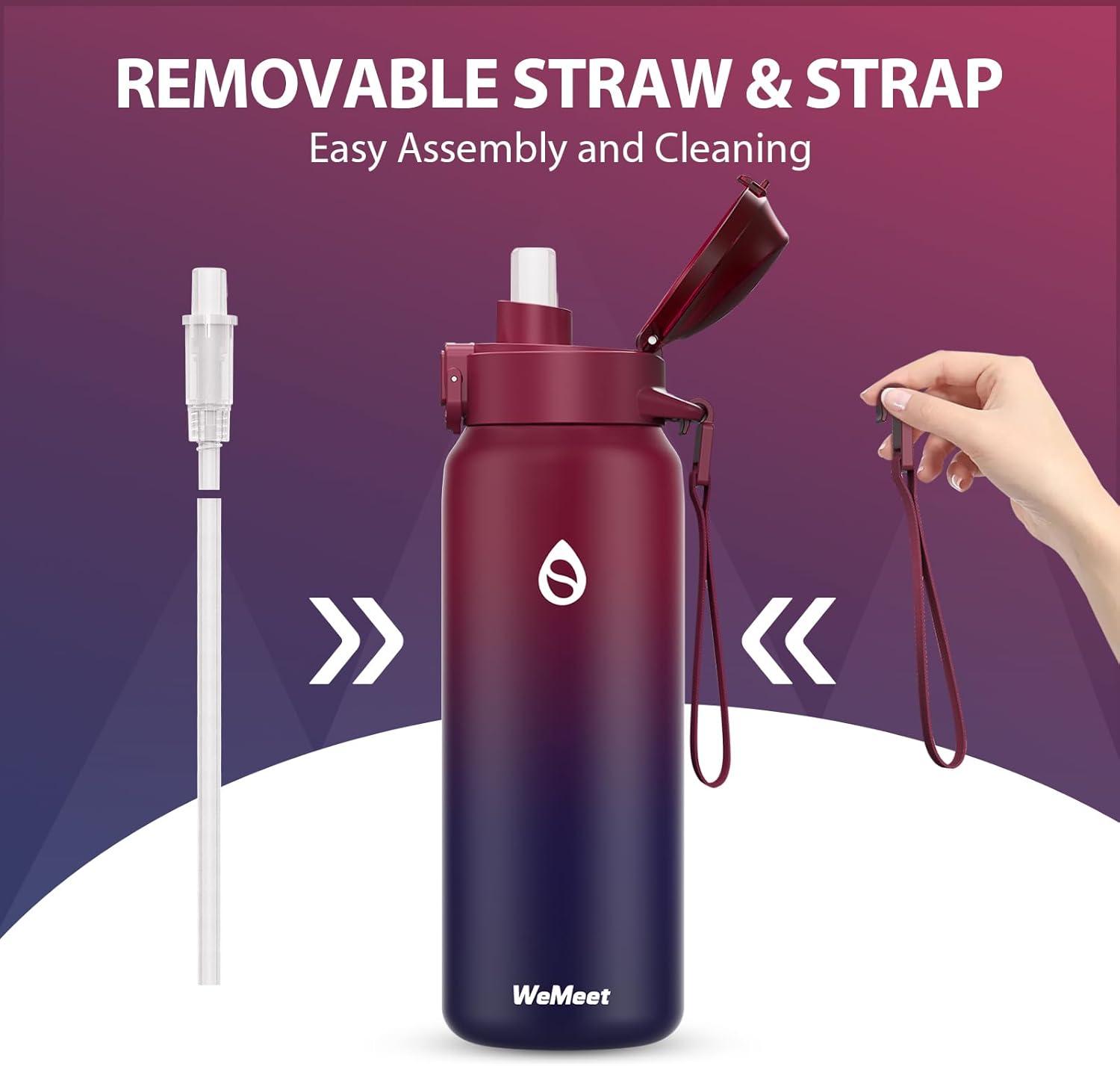 image:imageGourde Isotherme avec Paille Amovible 1L1000ml Bouteille Isotherme tanche sans BPA 1810 Gourde Inox AntiFuite pour Sport Gym VoyageRouge Noir