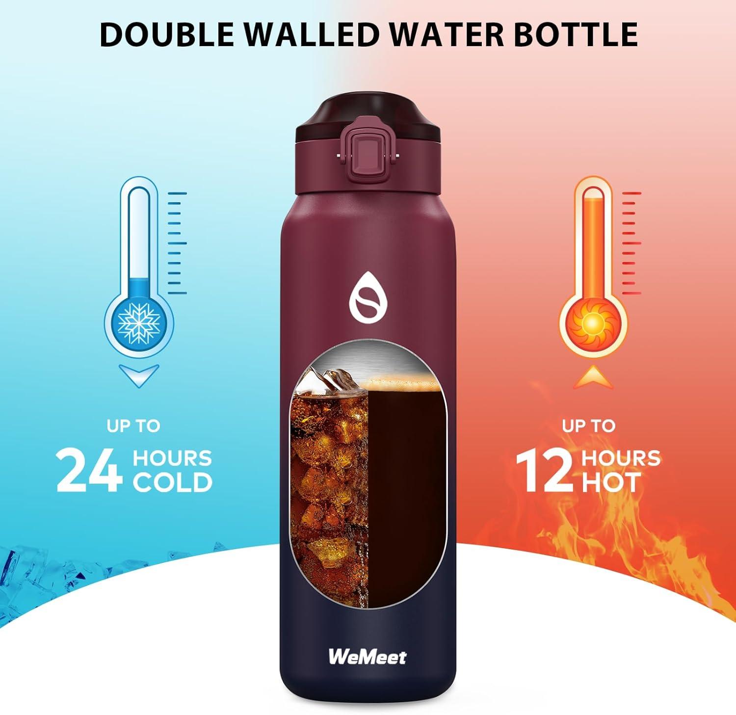 image:imageGourde Isotherme avec Paille Amovible 1L1000ml Bouteille Isotherme tanche sans BPA 1810 Gourde Inox AntiFuite pour Sport Gym VoyageRouge Noir