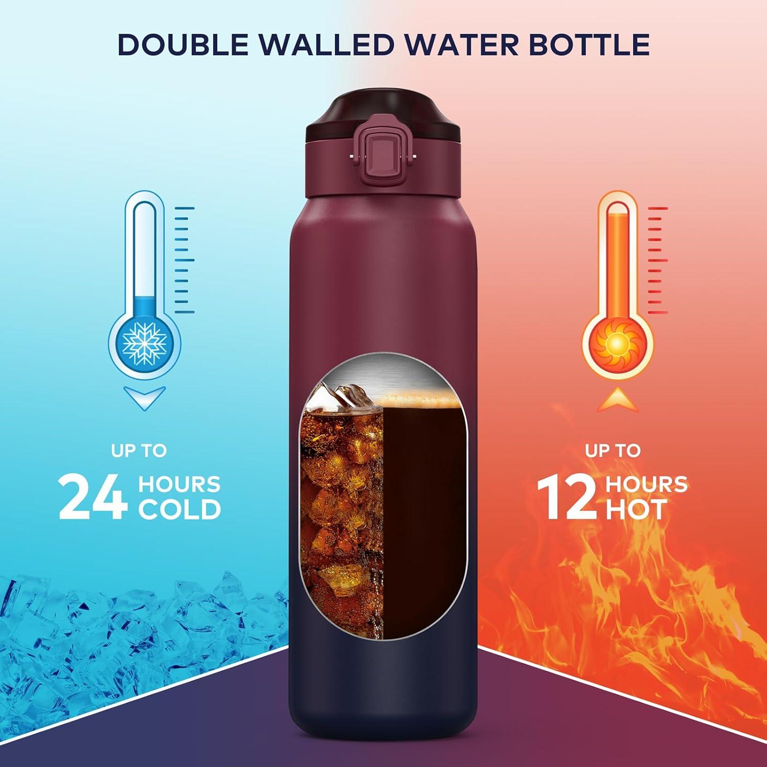 image:imageGourde Isotherme avec Paille Amovible 1L1000ml Bouteille Isotherme tanche sans BPA 1810 Gourde Inox AntiFuite pour Sport Gym VoyageRouge Noir
