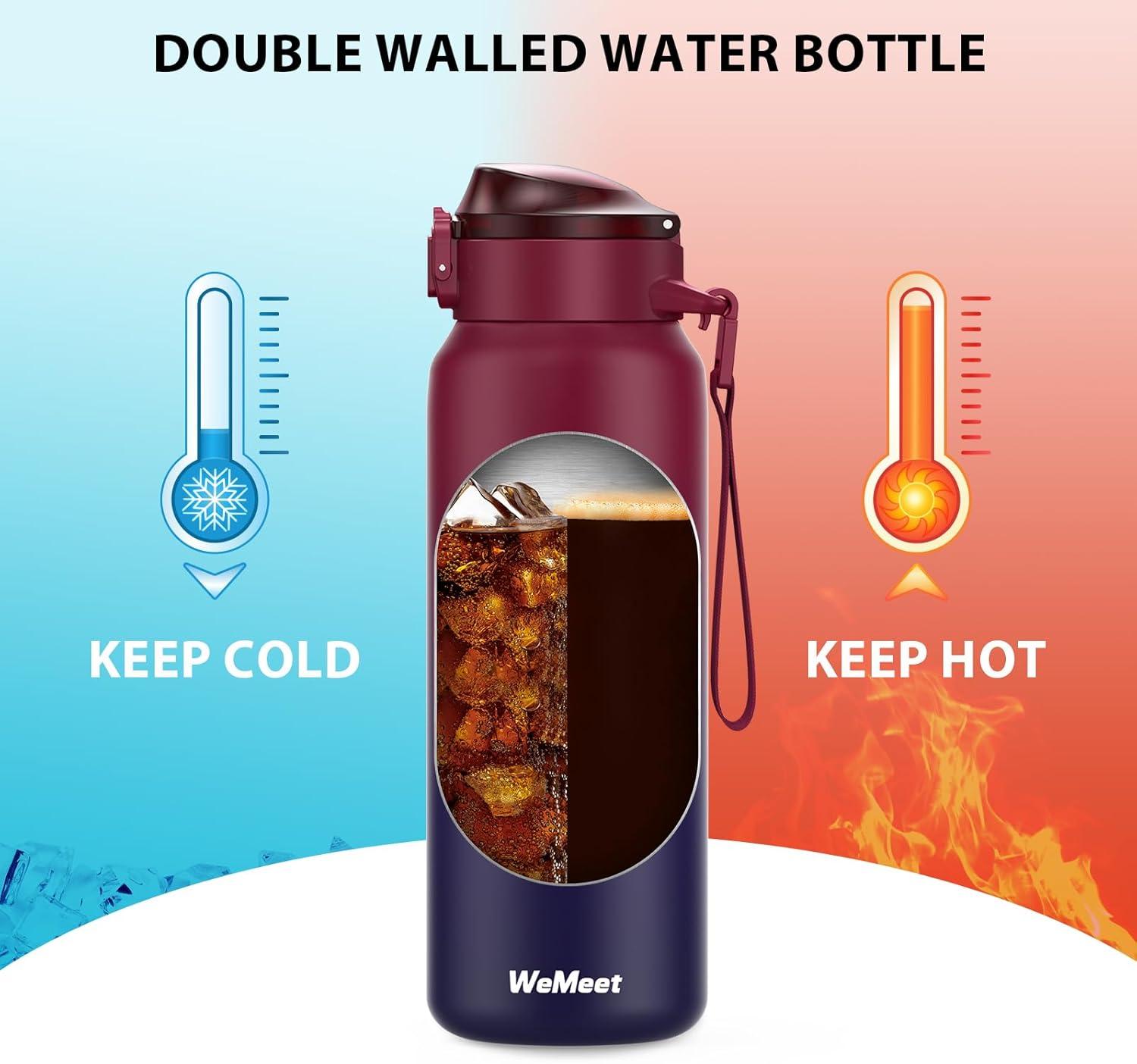 image:imageGourde Isotherme avec Paille Amovible 1L1000ml Bouteille Isotherme tanche sans BPA 1810 Gourde Inox AntiFuite pour Sport Gym VoyageRouge Noir