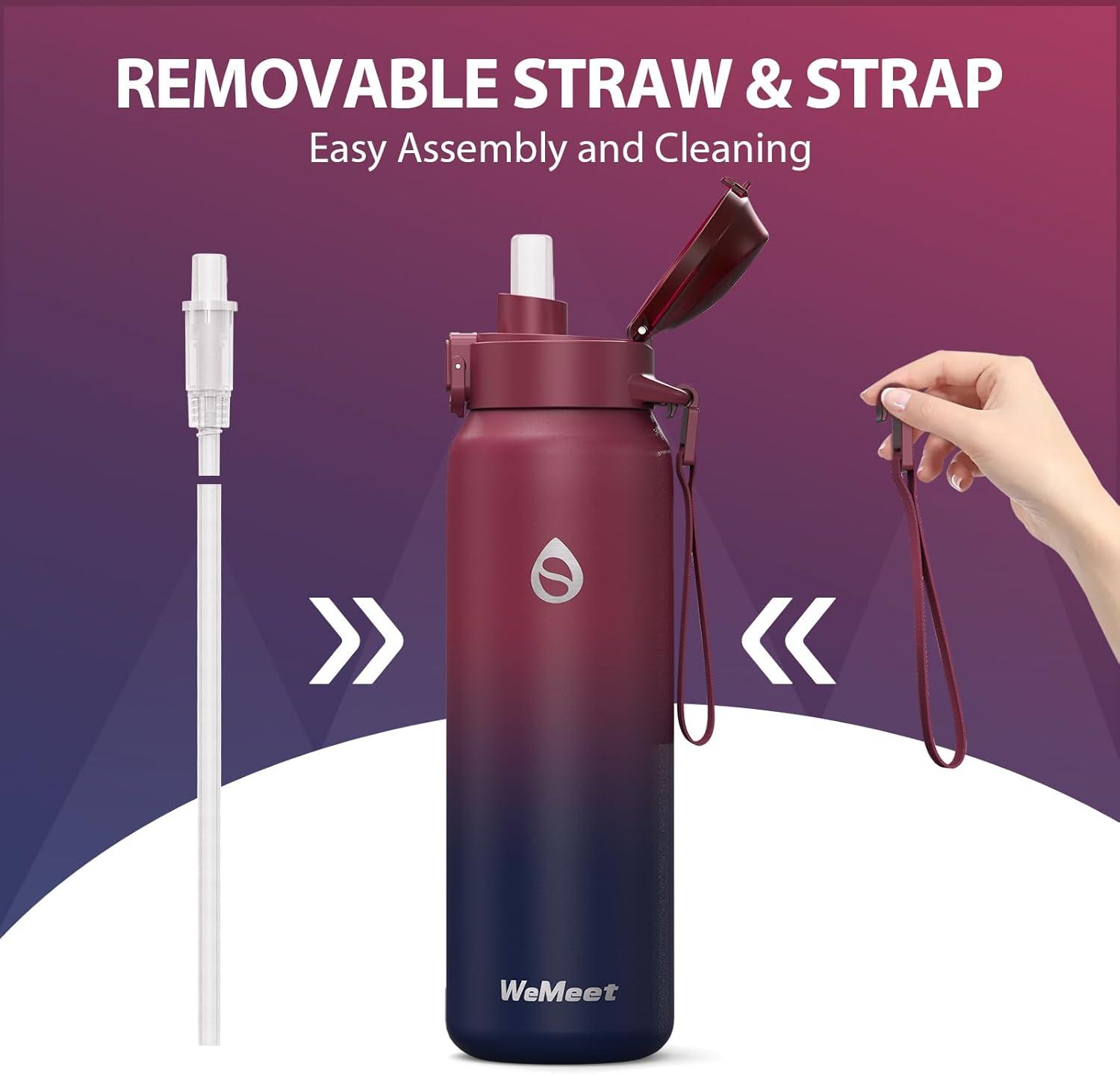 image:imageGourde Isotherme avec Paille Amovible 1L1000ml Bouteille Isotherme tanche sans BPA 1810 Gourde Inox AntiFuite pour Sport Gym VoyageRouge Noir