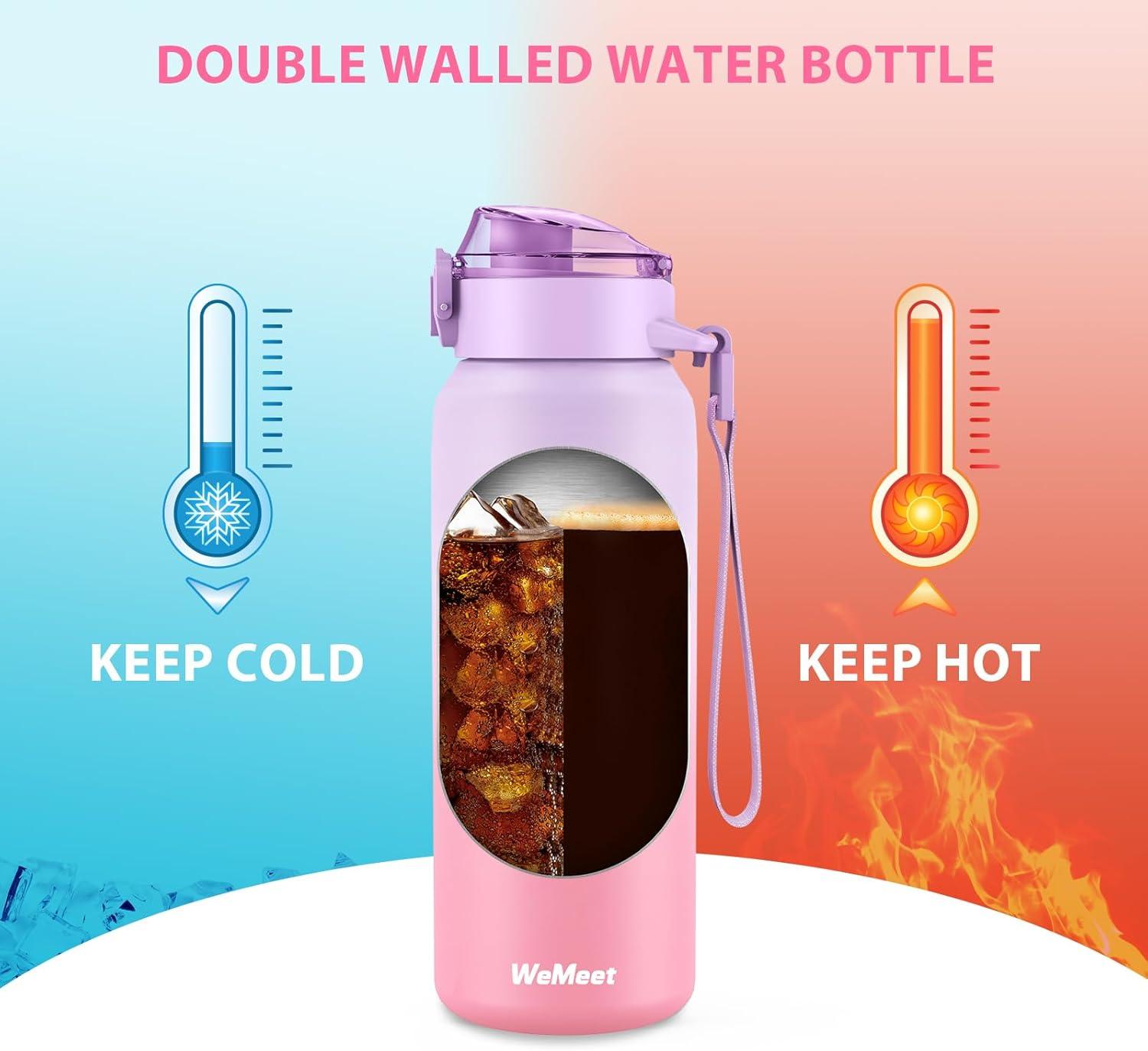 image:imageGourde Isotherme avec Paille Amovible 1L1000ml Bouteille Isotherme tanche sans BPA 1810 Gourde Inox AntiFuite pour Sport Gym VoyageViolet Rose