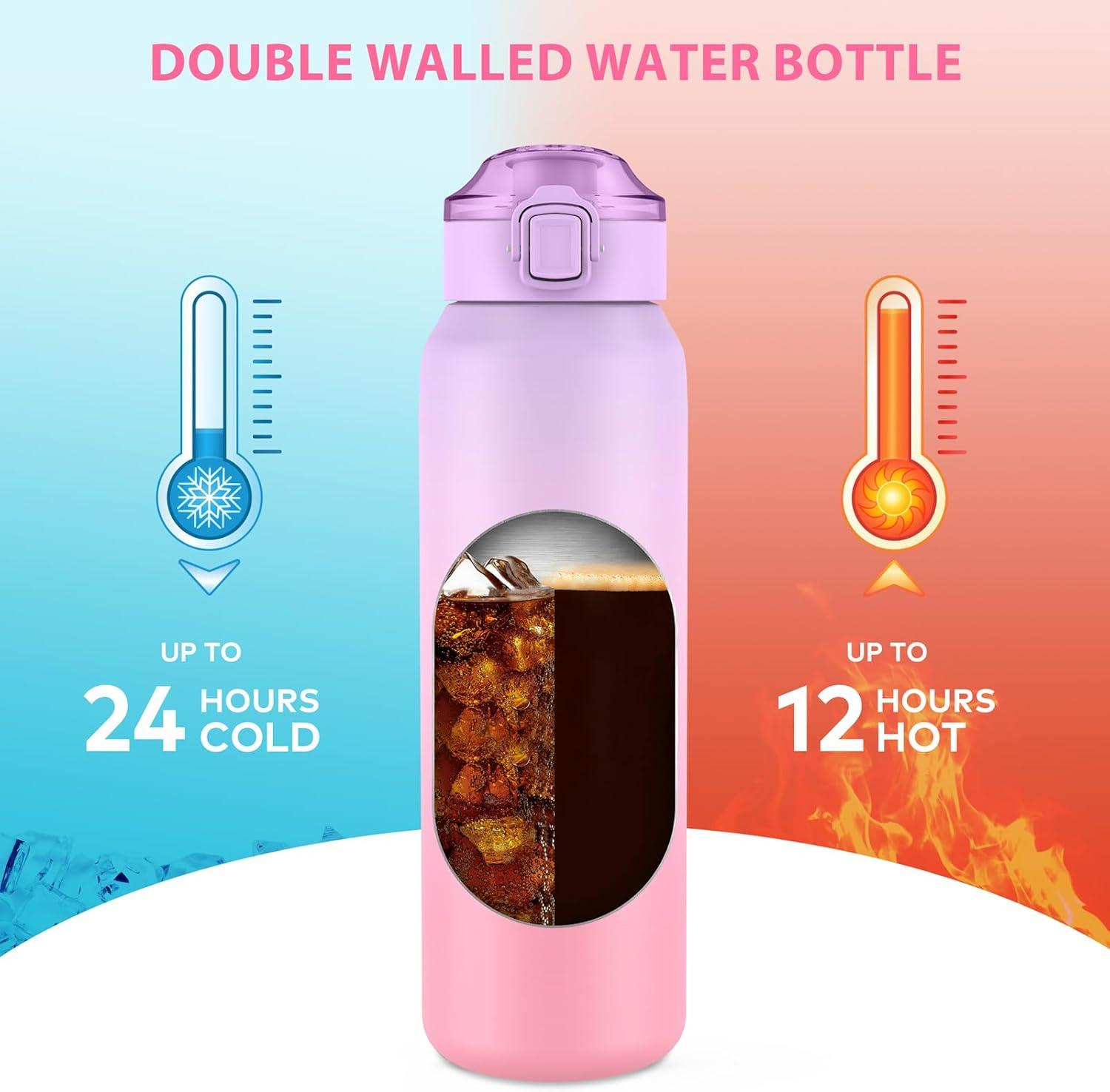 image:imageGourde Isotherme avec Paille Amovible 1L1000ml Bouteille Isotherme tanche sans BPA 1810 Gourde Inox AntiFuite pour Sport Gym VoyageViolet Rose