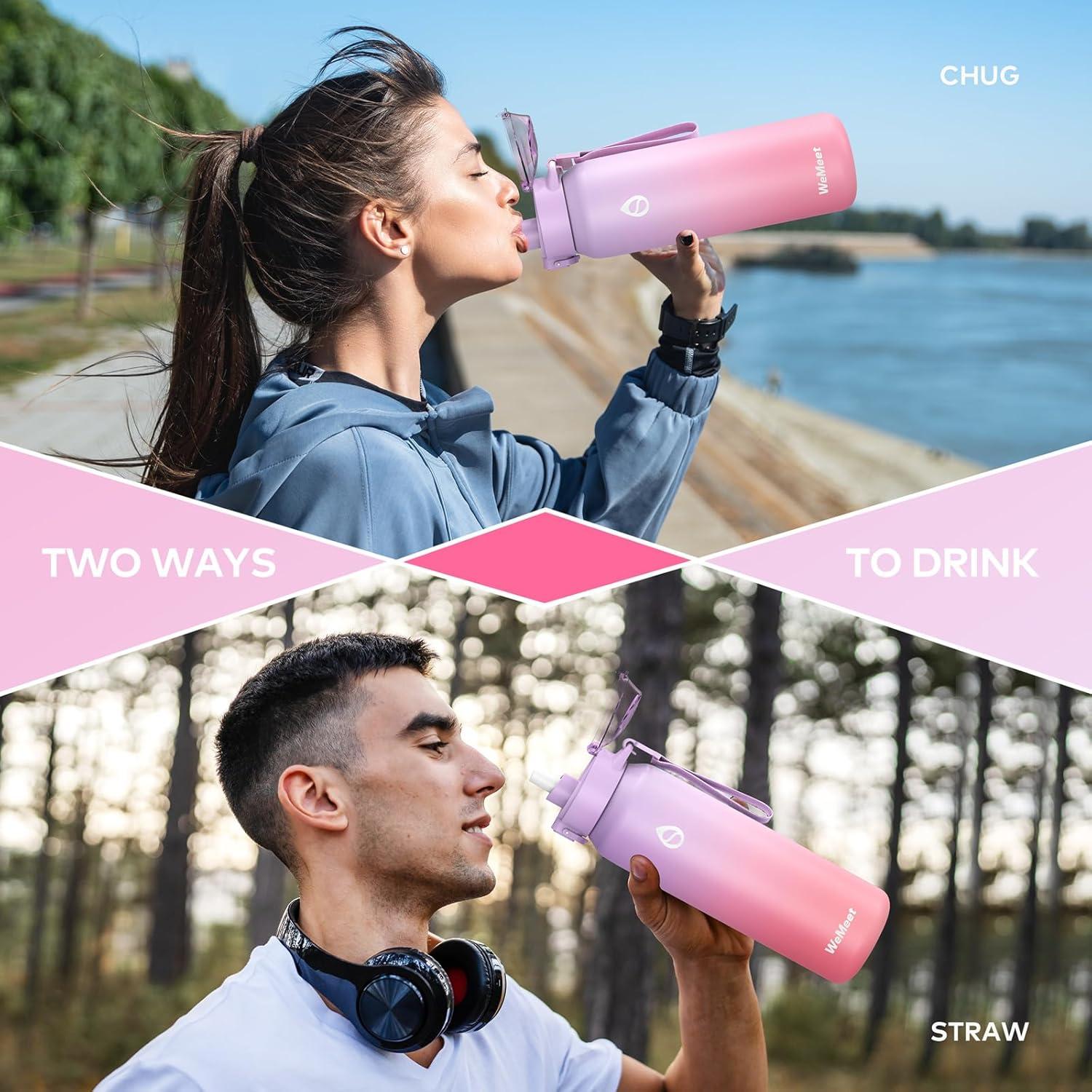 image:imageGourde Isotherme avec Paille Amovible 1L1000ml Bouteille Isotherme tanche sans BPA 1810 Gourde Inox AntiFuite pour Sport Gym VoyageViolet Rose