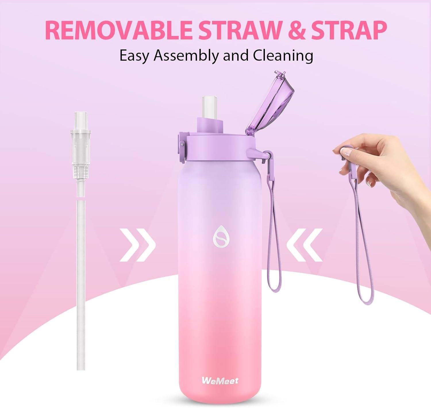 image:imageGourde Isotherme avec Paille Amovible 1L1000ml Bouteille Isotherme tanche sans BPA 1810 Gourde Inox AntiFuite pour Sport Gym VoyageViolet Rose