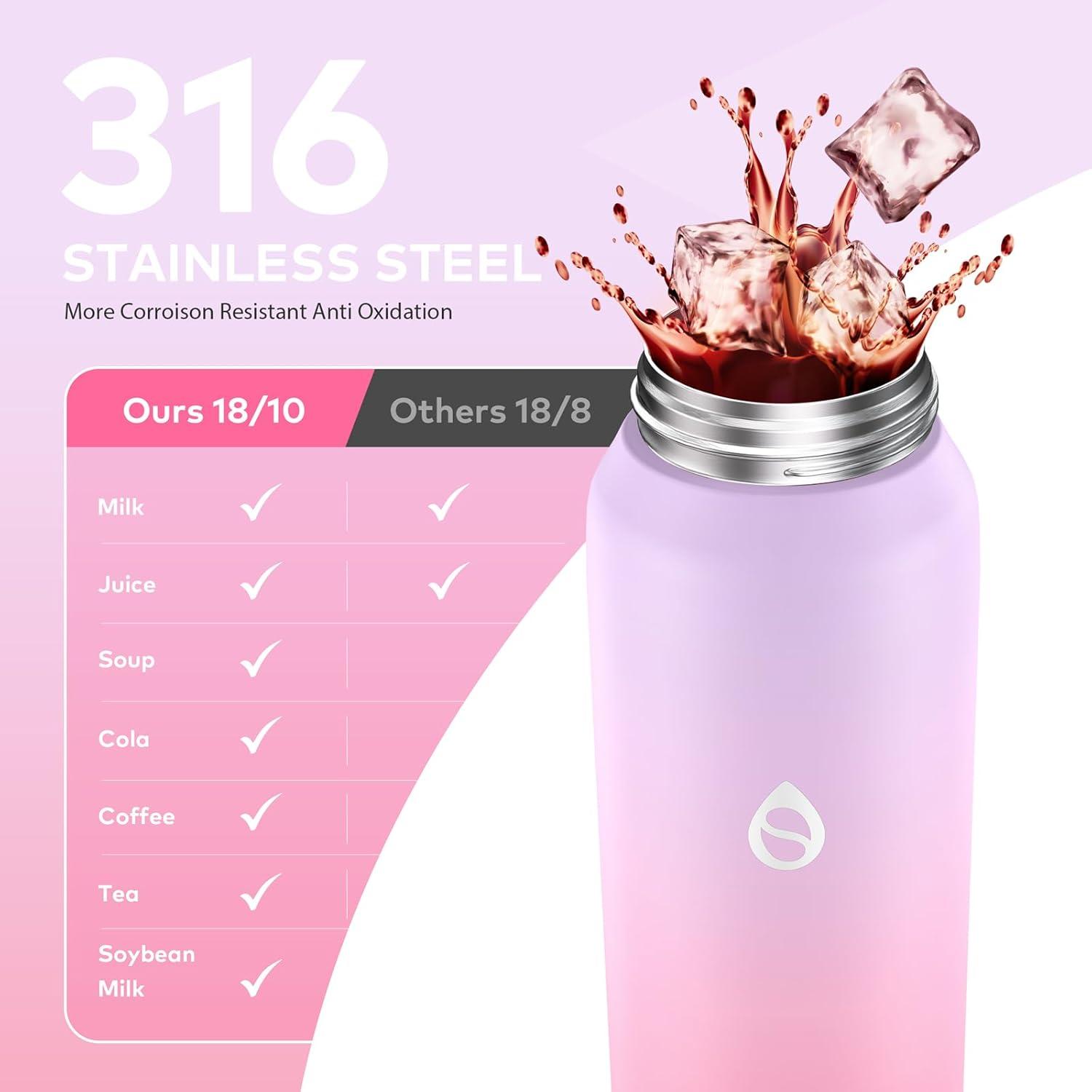 image:imageGourde Isotherme avec Paille Amovible 1L1000ml Bouteille Isotherme tanche sans BPA 1810 Gourde Inox AntiFuite pour Sport Gym VoyageViolet Rose