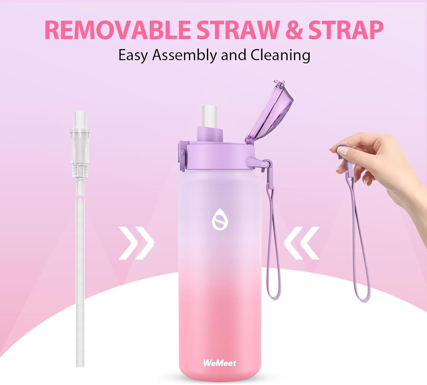 image:imageGourde Isotherme avec Paille Amovible 1L1000ml Bouteille Isotherme tanche sans BPA 1810 Gourde Inox AntiFuite pour Sport Gym VoyageViolet Rose
