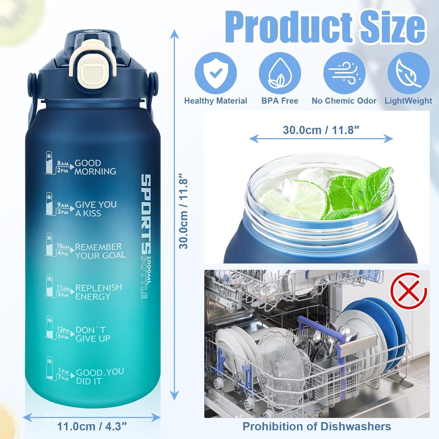 image:imageMOMSIV Gourde de 2 l sans BPA grande capacit antifuite avec paille graduations de temps pour boire et verrouiller pichet deau en Tritan pour le vlo lcole la gymBleu Vert