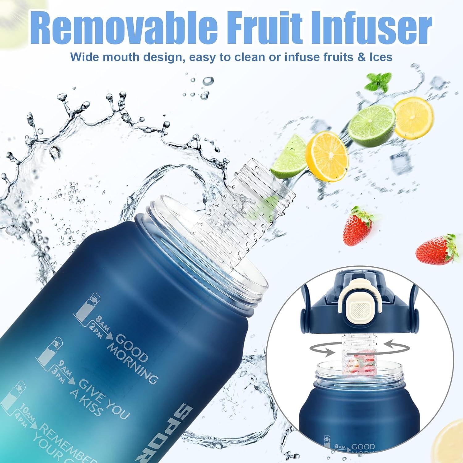 image:imageMOMSIV Gourde de 2 l sans BPA grande capacit antifuite avec paille graduations de temps pour boire et verrouiller pichet deau en Tritan pour le vlo lcole la gymBleu Vert