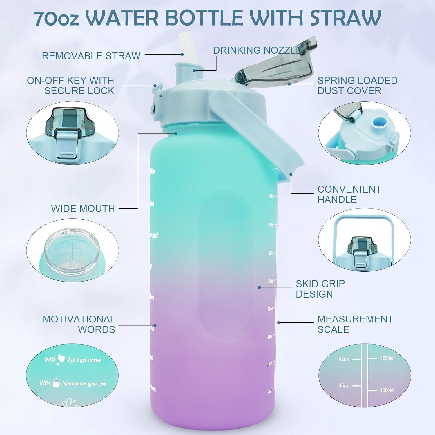 image:imageMOMSIV Gourde de 2 l sans BPA grande capacit antifuite avec paille graduations de temps pour boire et verrouiller pichet deau en Tritan pour le vlo lcole la gymVert