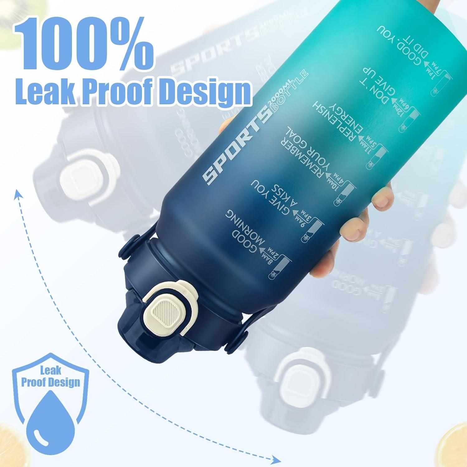 image:imageMOMSIV Gourde de 2 l sans BPA grande capacit antifuite avec paille graduations de temps pour boire et verrouiller pichet deau en Tritan pour le vlo lcole la gymBleu Vert