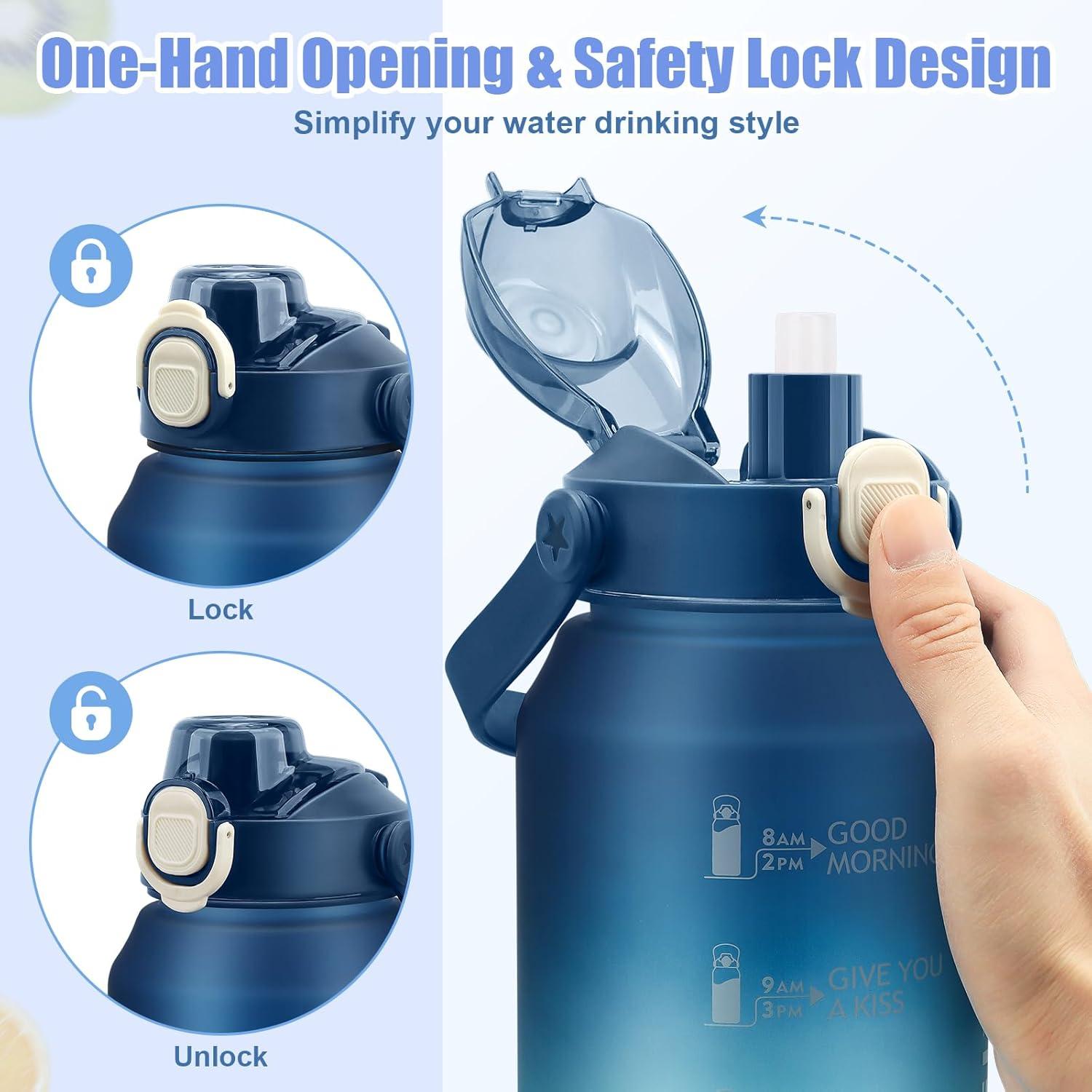 image:imageMOMSIV Gourde de 2 l sans BPA grande capacit antifuite avec paille graduations de temps pour boire et verrouiller pichet deau en Tritan pour le vlo lcole la gymBleu Vert