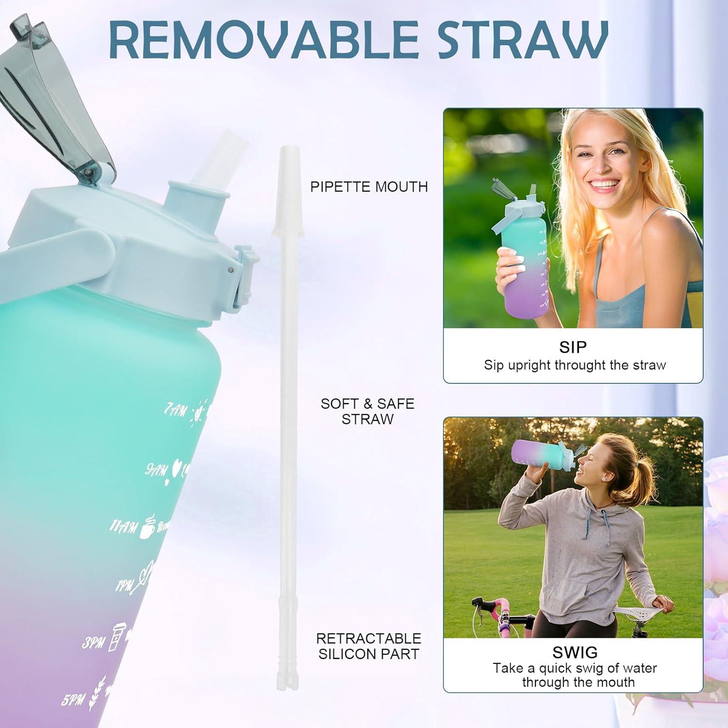 image:imageMOMSIV Gourde de 2 l sans BPA grande capacit antifuite avec paille graduations de temps pour boire et verrouiller pichet deau en Tritan pour le vlo lcole la gymVert