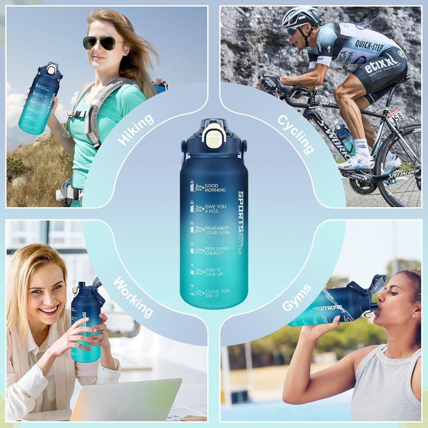 image:imageMOMSIV Gourde de 2 l sans BPA grande capacit antifuite avec paille graduations de temps pour boire et verrouiller pichet deau en Tritan pour le vlo lcole la gymBleu Vert
