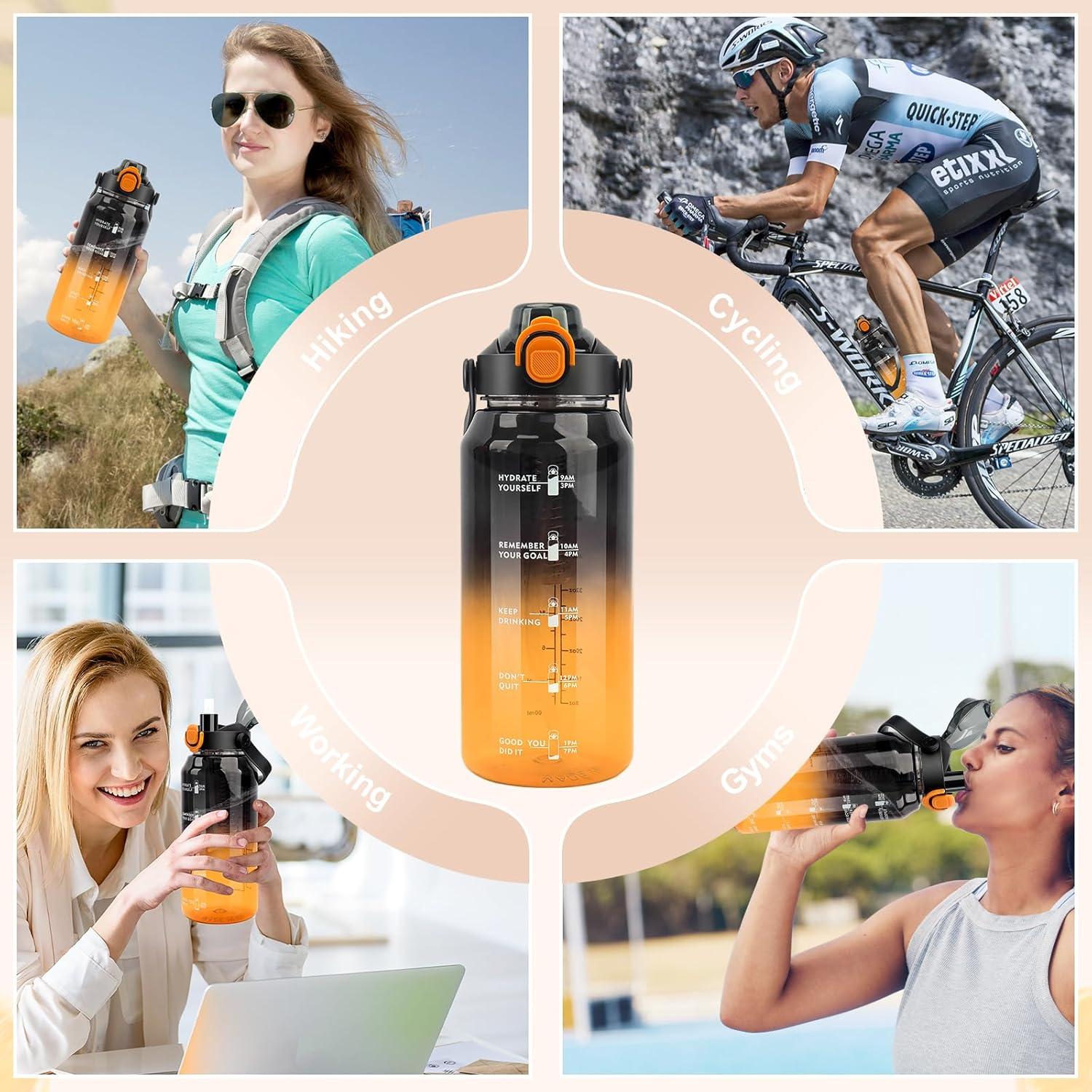 image:imageMOMSIV Gourde de 2 l sans BPA grande capacit antifuite avec paille graduations de temps pour boire et verrouiller pichet deau en Tritan pour le vlo lcole la gymNoir