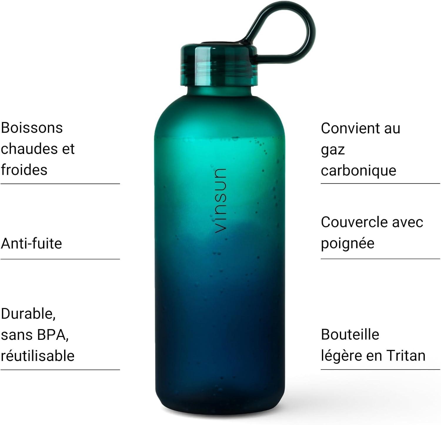 image:imageVINSUN Gourde Sport 650ml avec Poigne Rutilisable Sans BPA Tritan tanche Bouteille dEau lgre pour Sport Excursion cole BureauBleu Vert