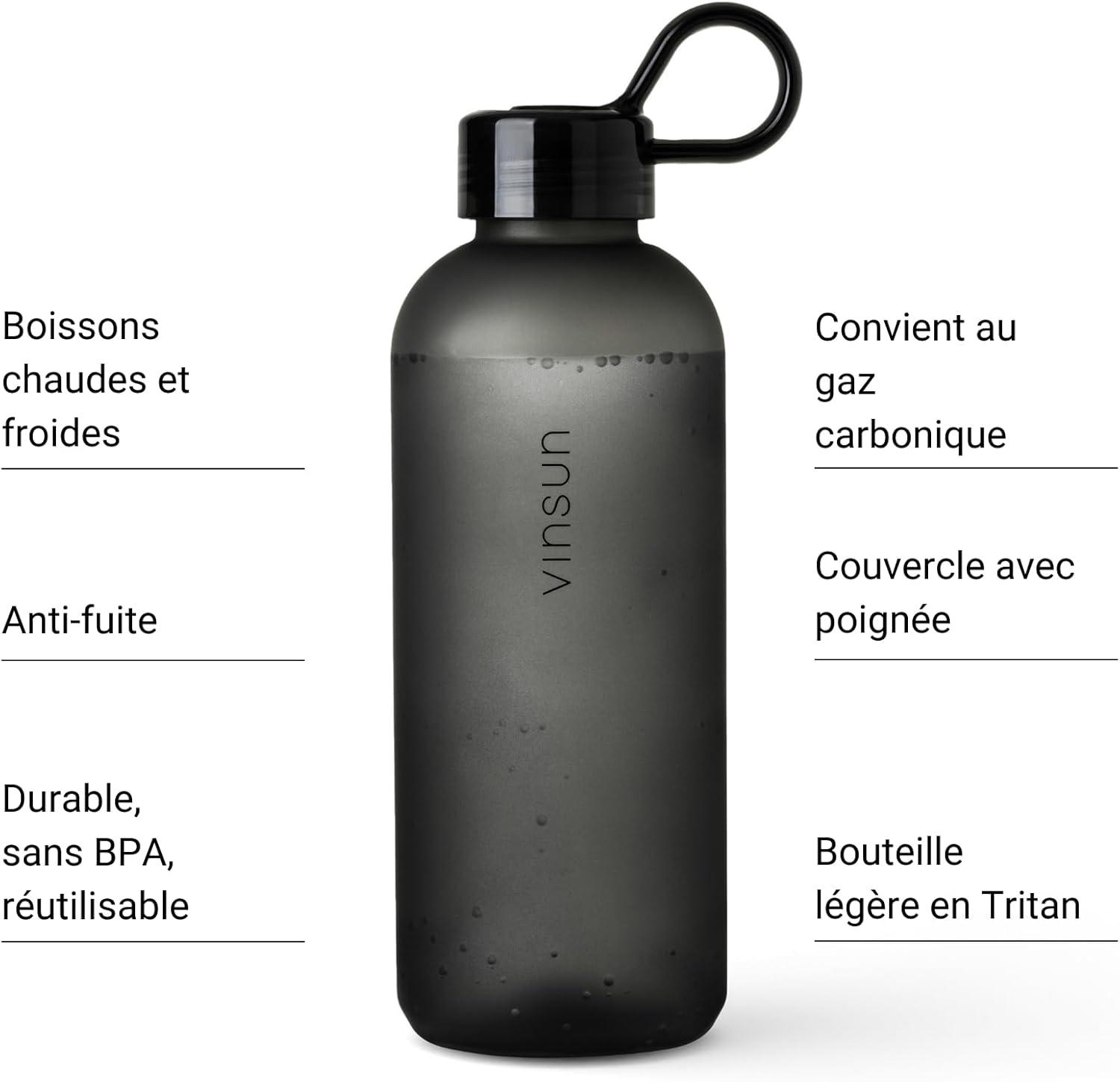 image:imageVINSUN Gourde Sport 650ml avec Poigne Rutilisable Sans BPA Tritan tanche Bouteille dEau lgre pour Sport Excursion cole BureauNoir