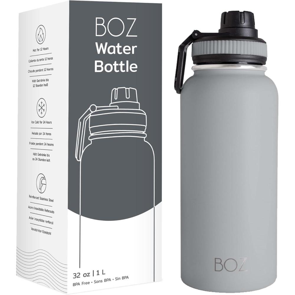 image:imageBOZ Gourde Isotherme En Acier Inoxydable 1L Sans BPA Isolation Sous Vide Gourde Inox Avec Couvercle Anti Germe Bouteille dEau 1 Litre pour Bureau Sport Voiture Randonne Gym Bleu clairGris