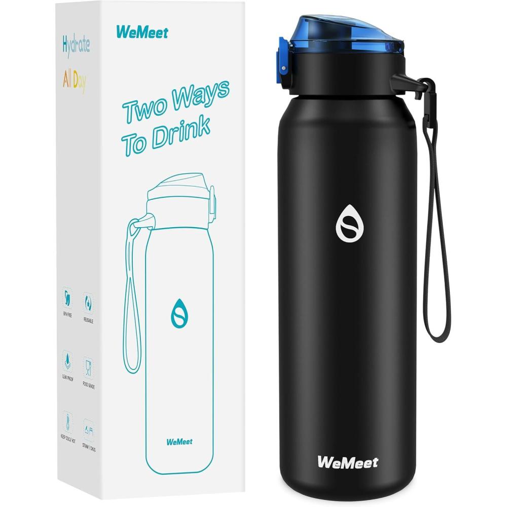 image:imageGourde Isotherme avec Paille Amovible 1L1000ml Bouteille Isotherme tanche sans BPA 1810 Gourde Inox AntiFuite pour Sport Gym VoyageNoir