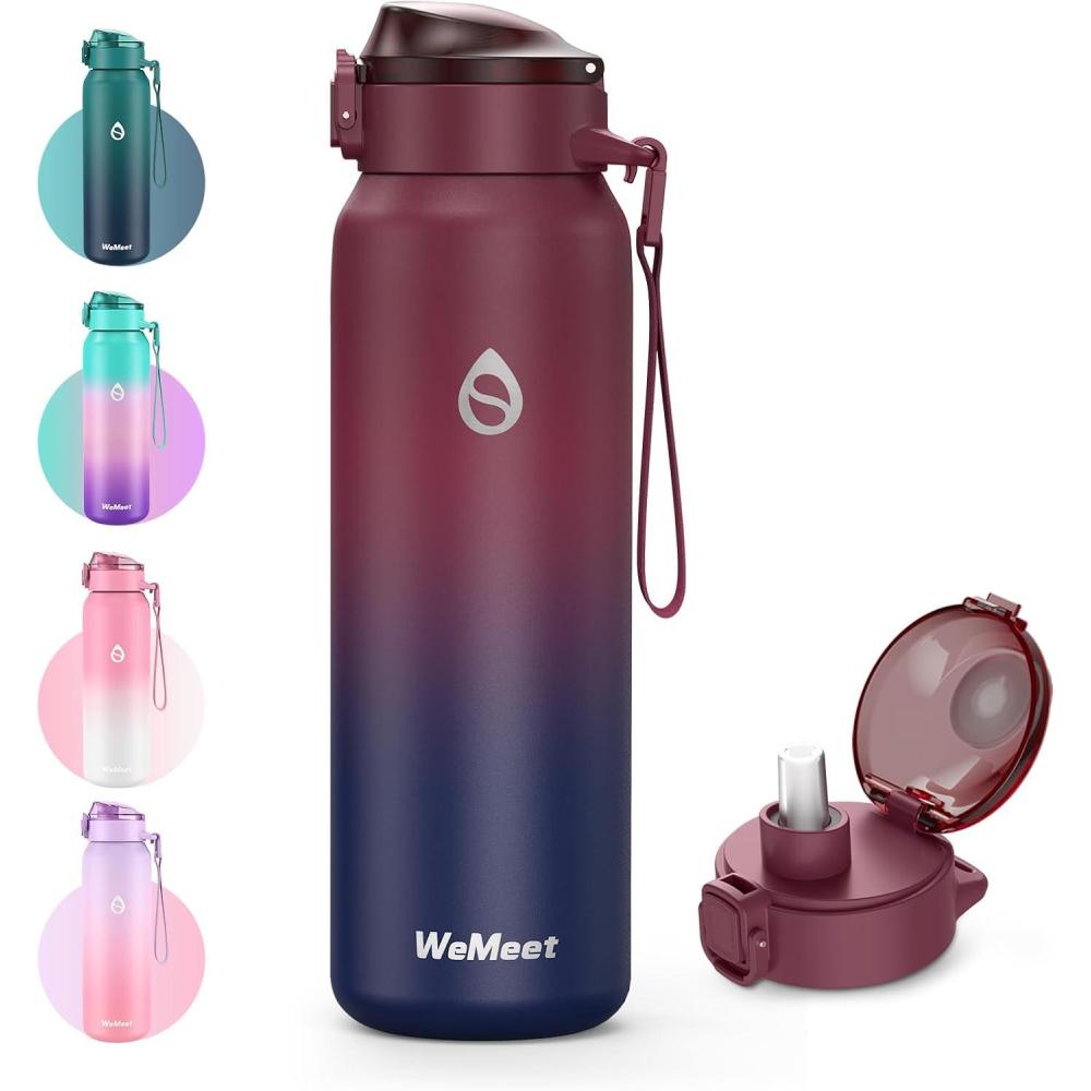 image:imageGourde Isotherme avec Paille Amovible 1L1000ml Bouteille Isotherme tanche sans BPA 1810 Gourde Inox AntiFuite pour Sport Gym VoyageRouge Noir