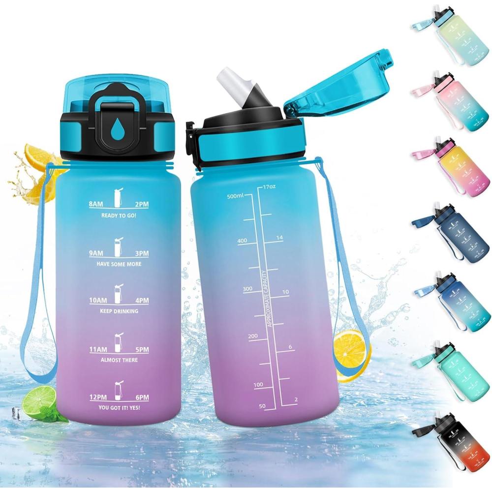 image:imageHoneyHolly Gourde Paille Gourde 500ml sans BPA ampamp tanches Bouteille Motivation Bouteille deau Avec Marqueur de Temps Petite Bouteille pour Gym Ecole Cyclisme Plein Air SportRose Cyan  500 Ml