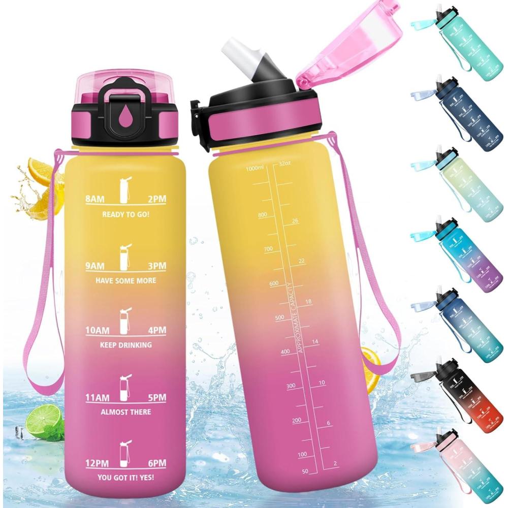 image:imageHoneyHolly Gourde Paille Gourde 500ml sans BPA ampamp tanches Bouteille Motivation Bouteille deau Avec Marqueur de Temps Petite Bouteille pour Gym Ecole Cyclisme Plein Air SportGelbpink 1000 Ml
