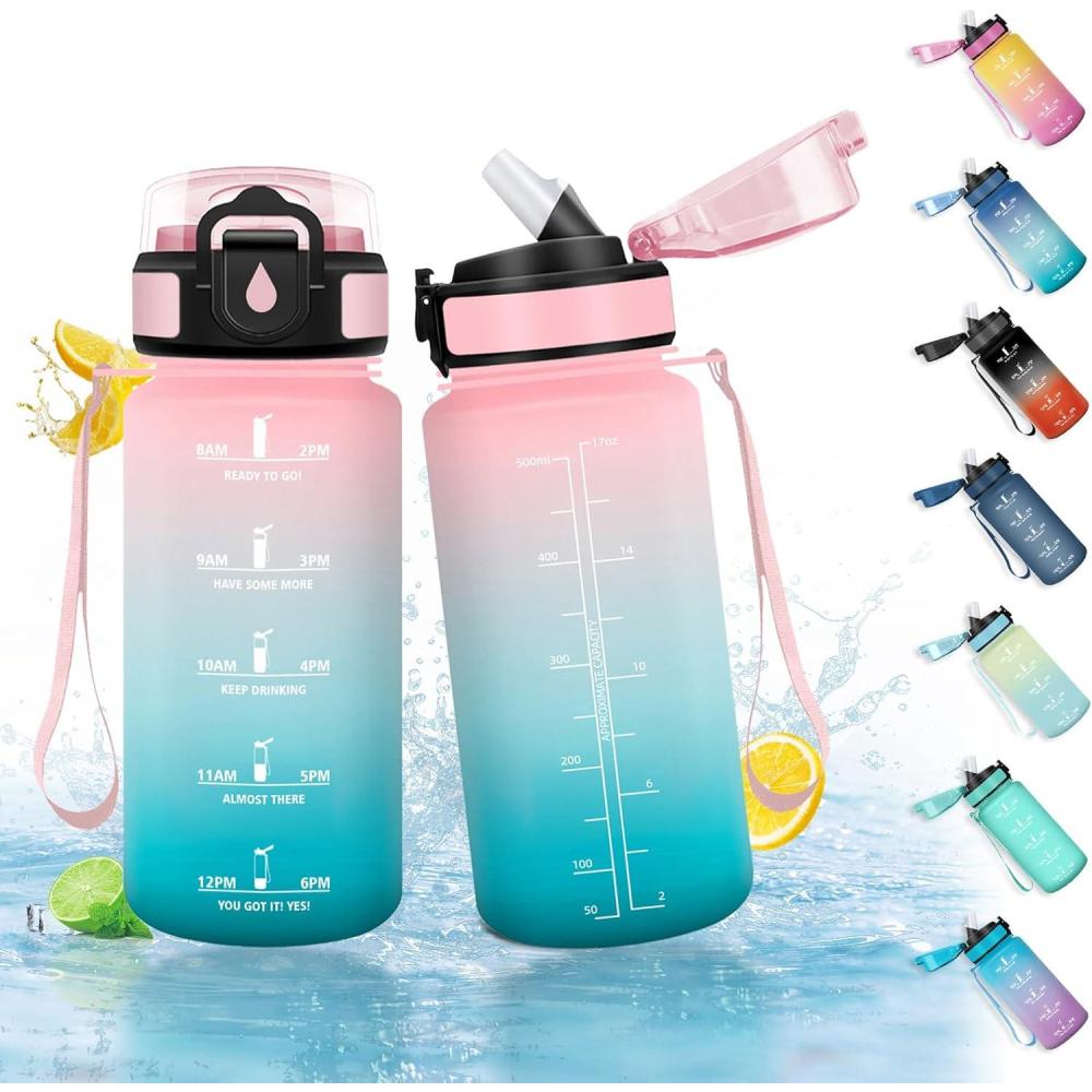 image:imageHoneyHolly Gourde Paille Gourde 500ml sans BPA ampamp tanches Bouteille Motivation Bouteille deau Avec Marqueur de Temps Petite Bouteille pour Gym Ecole Cyclisme Plein Air SportBleu Vert 500 Ml