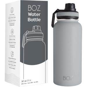 BOZ Gourde Isotherme En Acier Inoxydable 1L, Sans BPA, Isolation Sous Vide | Gourde Inox Avec Couvercle Anti Germe, Bouteille d&rsquo;Eau 1 Litre pour Bureau, Sport, Voiture, Randonnée, Gym (Bleu clair)(Gris)