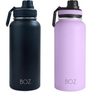 BOZ Gourde Isotherme En Acier Inoxydable 1L, Sans BPA, Isolation Sous Vide | Gourde Inox Avec Couvercle Anti Germe, Bouteille d&rsquo;Eau 1 Litre pour Bureau, Sport, Voiture, Randonnée, Gym (Bleu clair)(Noir / Lavande)