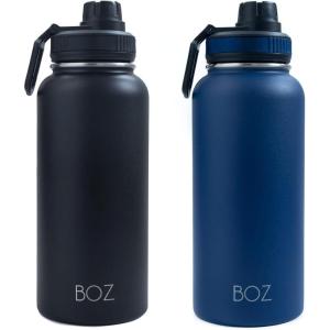 BOZ Gourde Isotherme En Acier Inoxydable 1L, Sans BPA, Isolation Sous Vide | Gourde Inox Avec Couvercle Anti Germe, Bouteille d&rsquo;Eau 1 Litre pour Bureau, Sport, Voiture, Randonnée, Gym (Bleu clair)(Lot de 2 : Noir et Bleu)