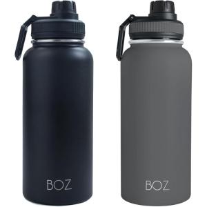 BOZ Gourde Isotherme En Acier Inoxydable 1L, Sans BPA, Isolation Sous Vide | Gourde Inox Avec Couvercle Anti Germe, Bouteille d&rsquo;Eau 1 Litre pour Bureau, Sport, Voiture, Randonnée, Gym (Bleu clair)(Lot de 2 : Gris et Noir)